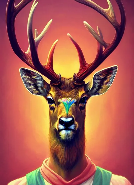 Prompt: symmetry!! portrait of antlered deer wearing a colorful beanie!, scarf!, intricate, elegant, highly detailed, digital painting, artstation, concept art, smooth, sharp focus, illustration, art by artgerm and greg rutkowski and alphonse mucha, 8 k