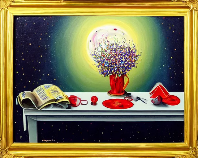 Image similar to a painting of the concept of joy on a table at night, ultrafine detailed painting by rafal olbinski, behance contest winner, pop surrealism, detailed painting, very detailed, minimalist, skeuomorphic, airbrush art