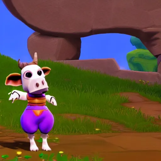 Image similar to screenshot of a cute anthropomorphic cow as an npc in spyro the dragon video game, with playstation 1 graphics, activision blizzard, upscaled to high resolution