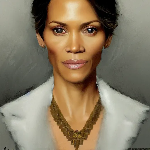 Image similar to portrait of maci holloway in the oval office, first woman elected as president in usa, cold but beautiful, about 3 5 years old, highly detailed, mix of halle berry and julia roberts, gong li, olga kurylenko, artstation hd, deviantart, by artgem, greg rutkowski