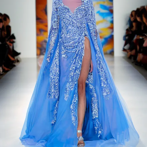 Prompt: high fashion dress on runway fire ice water fantasmal beautiful intricate mood lighting blue violet