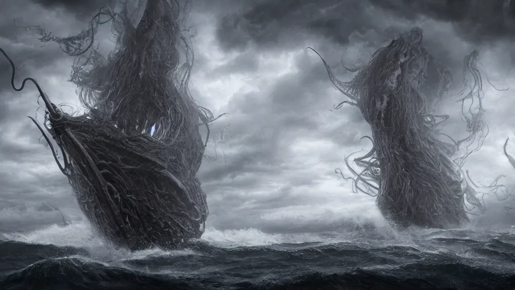 Image similar to giant Lovecraftian creature with large tentacles rising up from the ocean attacking a schooner, storm is raging, horror, creepy, unsettling, dark, eldritch, strange, photo realistic, stunning atmosphere, cinematic lighting, 4K, DSLR, filmic, HDR, hyperrealism, Unreal Engine, volumetric lighting, Darkart