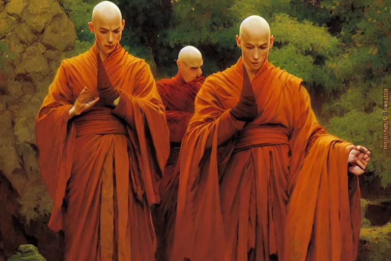 Image similar to bald monks from the last airbender, painting by gaston bussiere, craig mullins, j. c. leyendecker