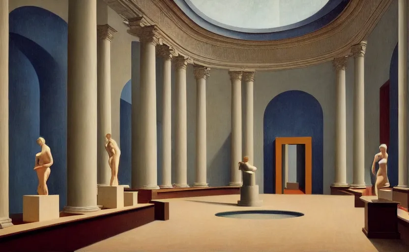 Prompt: an achingly beautiful print of the interior of a modern art museum with vibrant Classical marble sculptures display, by Raphael, Hopper, and Rene Magritte. detailed, romantic, enchanting, trending on artstation.