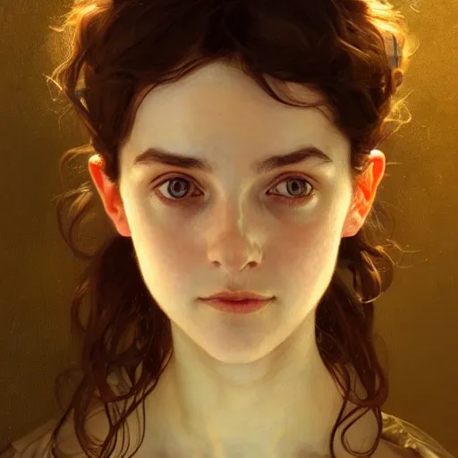 Prompt: portrait of a welsh girl with brown hair, glowing skin, delicate features, amelie poulain, fantasy, intricate, elegant, highly detailed, digital painting, artstation, concept art, smooth, sharp focus, illustration, art by Krenz Cushart and Artem Demura and alphonse mucha