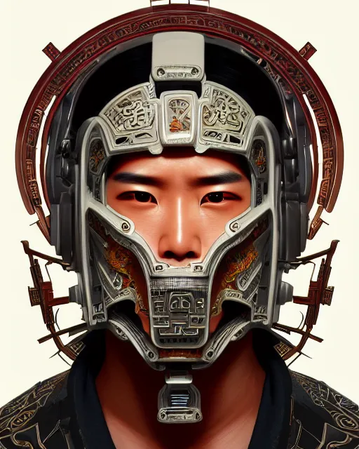 Image similar to portrait of a masculine male cyberpunk machine, machine face, upper half portrait, decorated with chinese opera motifs, asian, fine china, wuxia, traditional chinese art, intricate, elegant, highly detailed, symmetry, headpiece, digital painting, artstation concept art smooth sharp focus, illustration, art by artgerm and greg rutkowski alphonse mucha 8 k