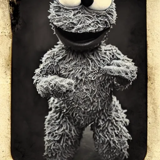 Image similar to creepy cookie monster, demonic, evil grin, tintype, realistic.