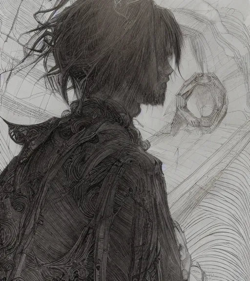 Image similar to portrait of anime giga chad with long hair wearing a dark robe, pen and ink, intricate line drawings, by craig mullins, ruan jia, kentaro miura, greg rutkowski, loundraw