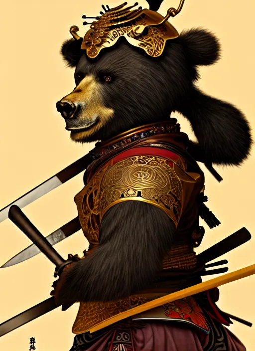 Image similar to anthropomorphic samurai bear, diffuse lighting, fantasy, intricate, highly detailed, lifelike, photorealistic, digital painting, artstation, illustration, concept art, smooth, sharp focus, art by alphonse mucha and kitagawa utamaro and ogata korin and aya takano