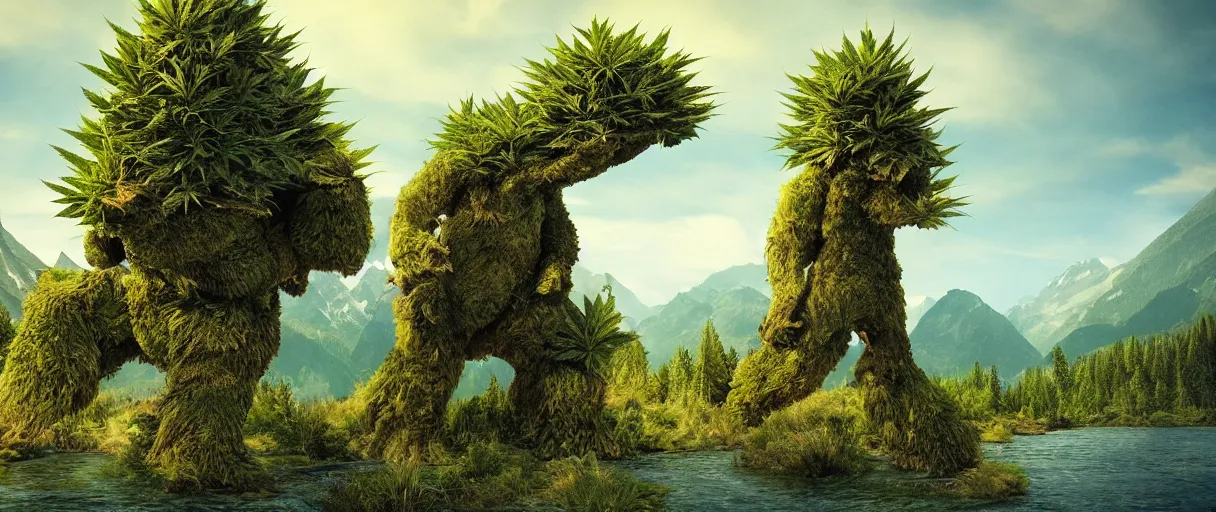 Prompt: realistic giant cannabis monster trees, mountains, river, landscape, photo, concept art, universe in the sky, cinematic lighting, 4k, wide angle, warm tones, Earth,