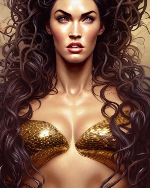 Image similar to portrait of megan fox as medusa gorgo, many snake hair, serpent hair, greek mythology, intricate, headshot, highly detailed, digital painting, artstation, concept art, sharp focus, cinematic lighting, illustration, art by artgerm and greg rutkowski, alphonse mucha, cgsociety