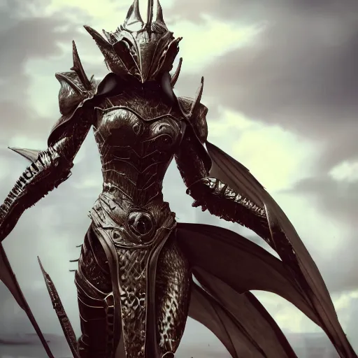 Image similar to highly detailed realistic stunning shot of a beautiful elegant anthropomorphic female dragon knight, doing a majestic pose, armor made of steel, sharp claws and tail, cloak flittering in the wind, high quality, HD octane render, epic cinematography, Artstation, Deviantart, Furaffinity