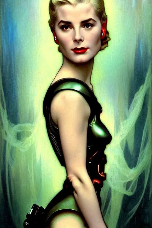 Image similar to young and beautiful evil cyborg grace kelly by steichen from the future in the style of tom bagshaw, alphonse mucha, gaston bussiere, cyberpunk. anatomically correct surreal body mods. extremely lush detail. masterpiece. melancholic scene infected by night. perfect composition and lighting. sharp focus. high contrast lush surrealistic photorealism. sultry expression on her face.