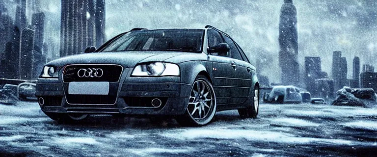 Prompt: Audi A4 B6 Avant (2002), a post apocalyptic, dramatic lighting, cinematic, establishing shot, extremly high detail, photorealistic, cinematic lighting, artstation, style by greg rutkowsky, Max Payne (2003) winter New York landscape