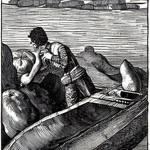 Prompt: Noah filling the ship with luxury fruits during the great flood