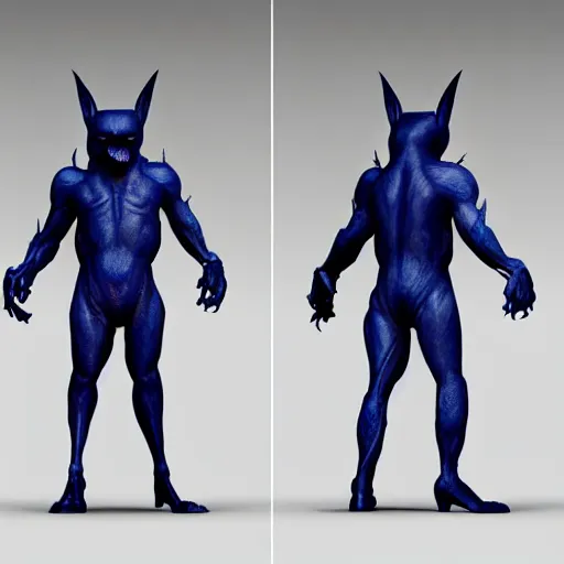 Image similar to front and back character view of scary giant mutant dark blue humanoid bat, glowing red eyes flying above a stormy ocean, sharp teeth, acid leaking from mouth, realistic, giant, bat ears, bat nose, bat claws, bat wings, furred, covered in soft fur, detailed, trending on artstation clean concept art and sheet that using unreal engine 5 render and hyper detailed 3D texture with cinematic software light 85mm f/1.4