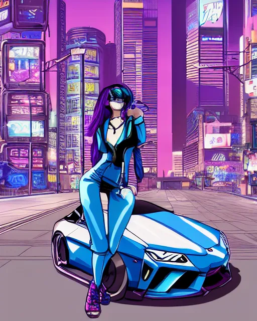 Prompt: cel shaded art of a pretty blue haired girl standing next to a purple lamborghinil, jet grind radio graphics, cyberpunk city street background