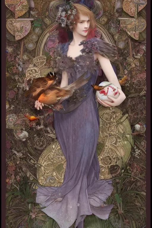 Prompt: 3 d render of english princess holding birds, ornaments, mucha vibe, dieselpunk, solarpunk, artstation