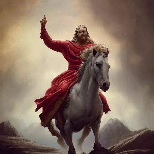 Prompt: a masterpiece!! matte painting of a handsome!! man riding on a white horse with eyes like flames!, many crowns!! upon his head, a robe dipped in blood!, by gustav dore and paul barson, 8 k, uhd, cgsociety, trending on artstation, coruscation!!, crepuscular!!