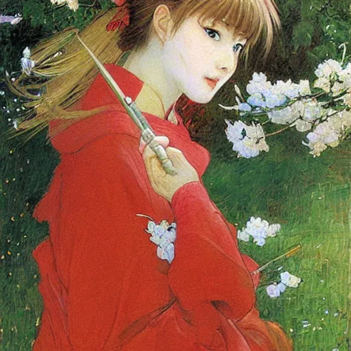 Image similar to Sakura from Cardcaptor Sakura painting masterpiece by vasnetsov and surikov, JEAN-VICTOR BERTIN, by Terence Cuneo