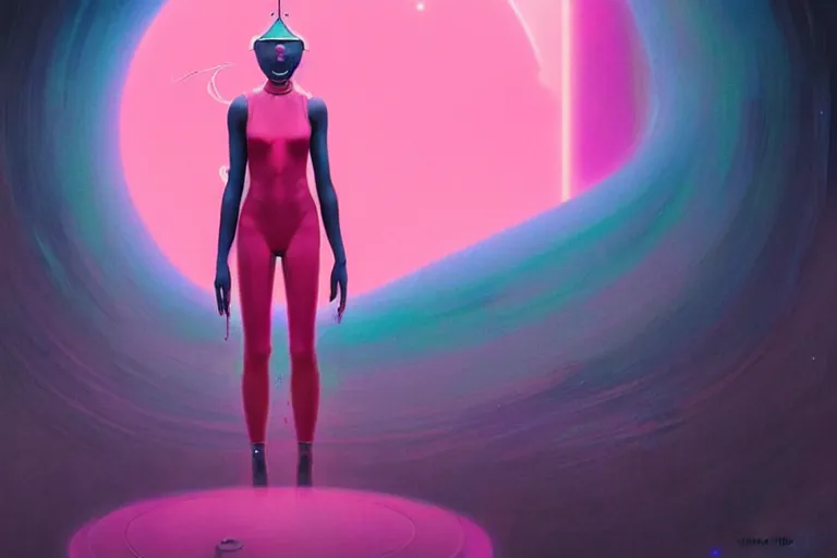 Prompt: patron saint of 🛸🌈👩🏾, futuristic clothing, pink background, warped gravity, neon god of city character portrait, in the style of moebius, wlop, tom bagshaw, and waterhouse, cinematic lighting, beautiful, elegant, oil painting,