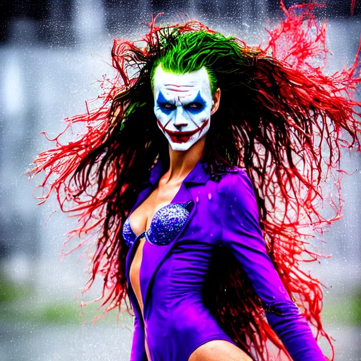 Image similar to fully body pose, photo of a very beautiful!! victoria secret model, the joker, wet hair, raining, 8 k, hdr, smooth, sharp focus, high resolution, award - winning photo, trending on artstation, dslr, 5 0 mm