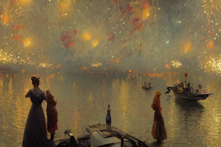 Image similar to a beautiful realistic painting of a firework festival at seine river, intricate, elegant, highly detailed, digital painting, artstation, concept art, by krenzcushart, artem demura, alphonse mucha