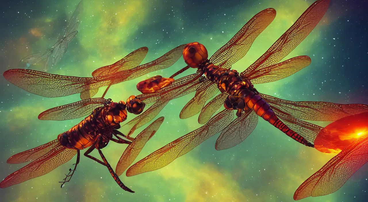 Prompt: a render a dragonfly flying through an astroid field, 8 k resolution, 4 k resolution, unreal engine render, octane render, alex grey, beeple, bang sangho, tomokazu matsuyama, unreal engine, high resolution render, featured on artstation, octane, 8 k, highly intricate details, vivid colors, vector illustration