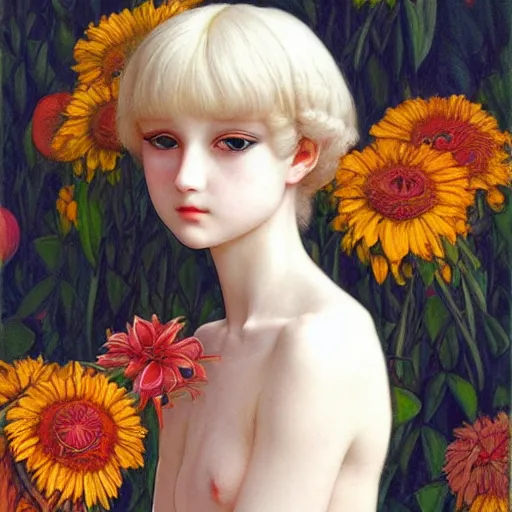 Image similar to white cat girl, botanical, portrait face, colorful, frantisek kupka, intricate, miles johnston, kuroda seiki, cynical realism, ozabu, john william godward, painterly, yoshitaka amano, moebius, miles johnston, louise zhang, james jean, mark ryden lowbrow pop surrealism art style