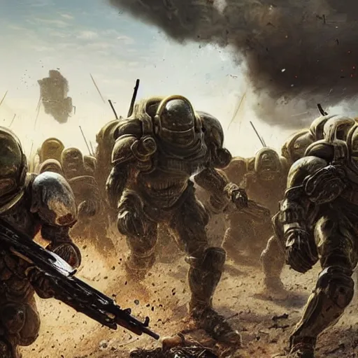 Image similar to hyper realism, surrealism, realistic apocalyptic war scene, explosions, science - fiction soldiers running with armour like doom slayer in the middle of explosions and bullets, view from far away,