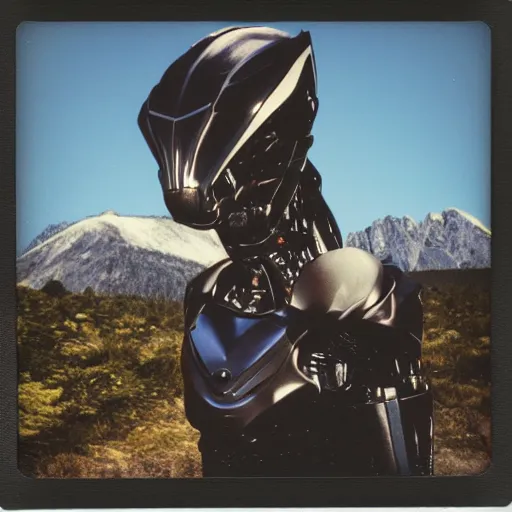 Prompt: polaroid photo of cyborg velociraptor with helmet on his head made of black onyx, huge mountains on the background