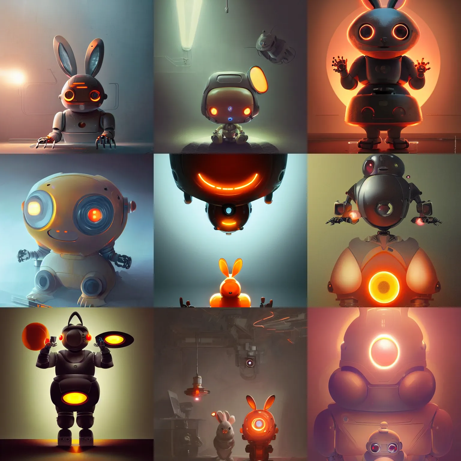 Prompt: cute chubby 3 years old robot child with big glowing orange eyes and big rabbit ears , big complex belly mechanism , studio light, futuristic retro design by greg rutkowski