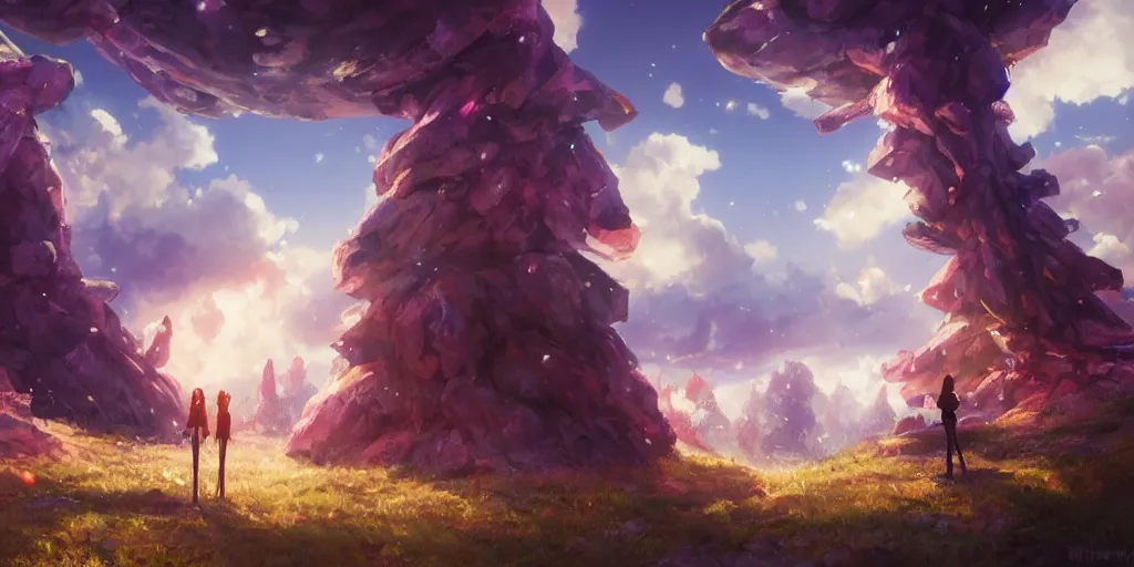 Image similar to isekai masterpiece by mandy jurgens, by irina french, by rachel walpole, by alyn spiller anime woman standing tree log looking up at giant crystals, high noon, cinematic, very warm colors, intense shadows, ominous clouds, anime illustration, anime screenshot composite background