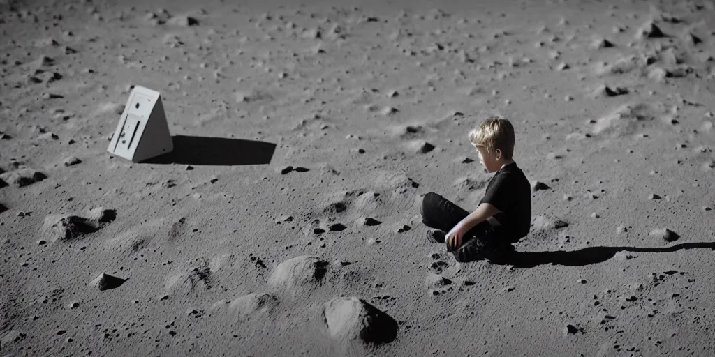 Image similar to a boy playing Xbox on the surface of the moon, professional photography
