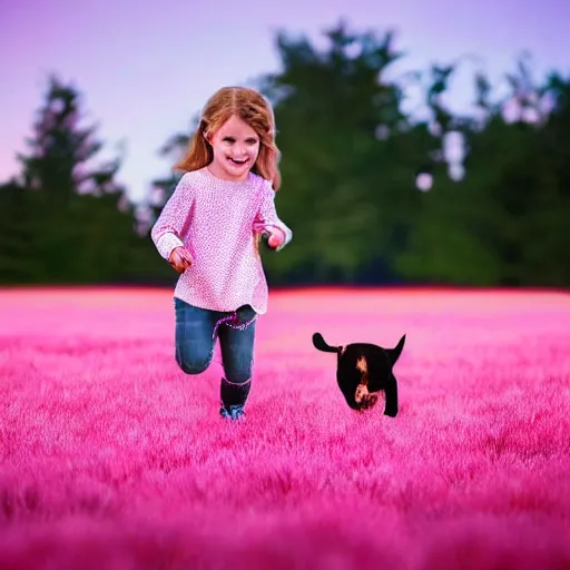 Prompt: little girl chasing a puppy running through a field of pink grass, hyper realistic, extremely detailed, side lighting