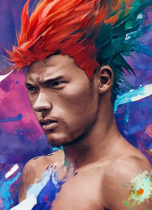 Image similar to semi reallistic gouache gesture painting, by yoshitaka amano, by ruan jia, by Conrad roset, by dofus online artists, detailed 3d render of neymar as sayajin, Neymar soccer player transformed on Super Saiyan, Neymar jr, portrait, cgsociety, artstation, rococo mechanical, Digital reality, sf5 ink style, dieselpunk atmosphere, gesture drawn