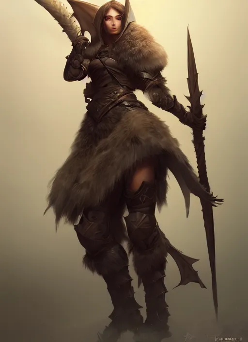 Image similar to dragon hunter, fur - lined armor!!! beautiful and elegant female!! gorgeous ayes!! character concept art, sharp focus, octane render! unreal engine 5! highly rendered!! trending on artstation!! detailed linework!! illustration by bussiere rutkowski andreas rocha