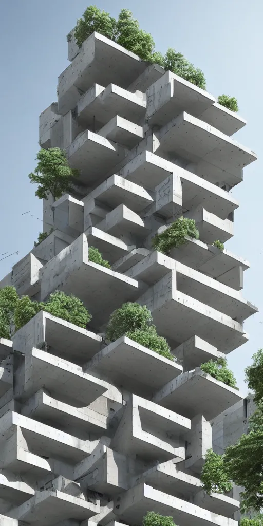 Prompt: architectural rendering, brutalism building in milan, italy like habitat 6 7, using modern material like steel + concrete + glass, biophilia