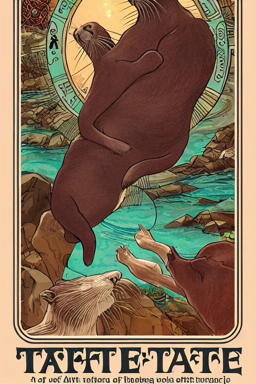 Prompt: Rider-Waite tarot card: Five of Otters, artstation, concept art, 4k