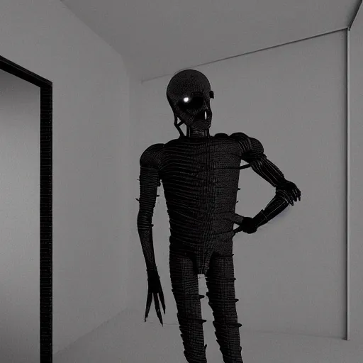 Image similar to !dream darksynth, techno mutant standing in a constructivist room with blank walls connected by wires and cords to a toad's head, Hand Screen Printed, by Jason Galea, by H.R. Giger, rendered in blender, ultra realistic, smooth shading, ultra detailed, high resolution, cinematic