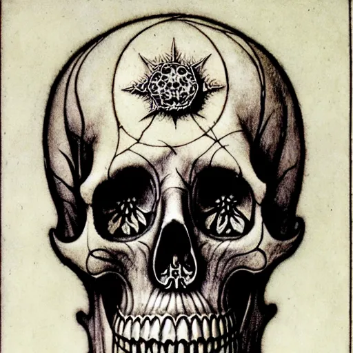 Prompt: memento mori by arthur rackham, detailed, art nouveau, gothic, ornately carved beautiful skull dominant, intricately carved antique bone, skulls, botanicals, art forms of nature by ernst haeckel, horizontal symmetry