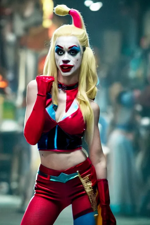 Image similar to film still of iggy azaela as Harley Quinn in Joker 2, full-shot, 4k