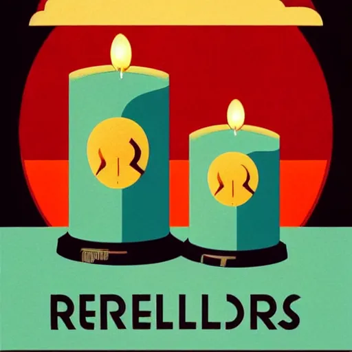 Prompt: retro poster with a set of beautiful scented candles, an art deco painting by tom whalen, trending on behance, art deco, digital illustration, storybook illustration, art deco, flat shading, vector art, airbrush, pastel, watercolor