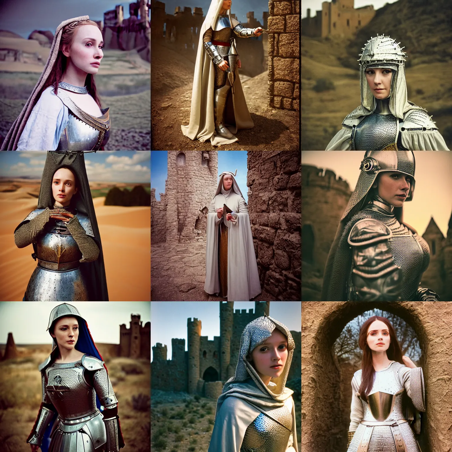 Prompt: Cinestill 800t, 8K, 35mm; beautiful ultra realistic medieval scene, 1290s frontiers in human medieval armour fashion magazine September retrofuturism joan of arc as Holy Herndon in Agnieszka Lorek edition, highly detailed, extreme closeup portrait, tilt shift desert castle background, three point perspective, focus on feminine model;knight;pursed lips;pointè pose, soft lighting