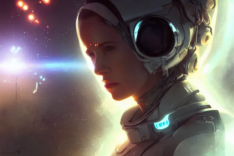 Image similar to portrait of a female space explorer, cyborg, FUTURISTIC, sci-fi, DETAILED DIGITAL ART, greg rutkowski, LENS FLARE