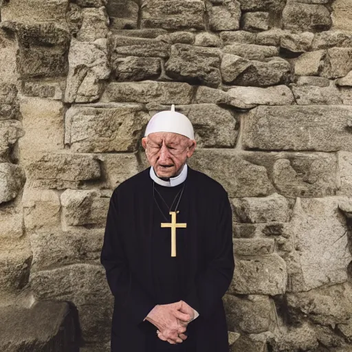 Prompt: An old catholic priest kneeled in passionate prayer at the summit of a tall medieval tower. His face is bathed in ominous yellow light. He is looking straight at the camera right above him. 4K photograph