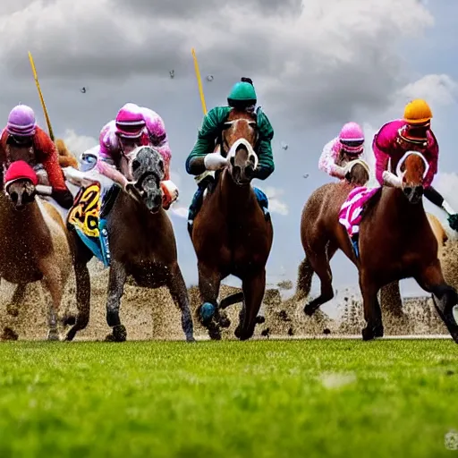 Prompt: A horse race but with unicorns, sports photography