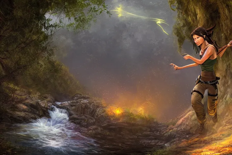 Image similar to wide shot of exhausted Lara Croft climbing out of a roaring ancient river, fireflies by Lilia Alvarado