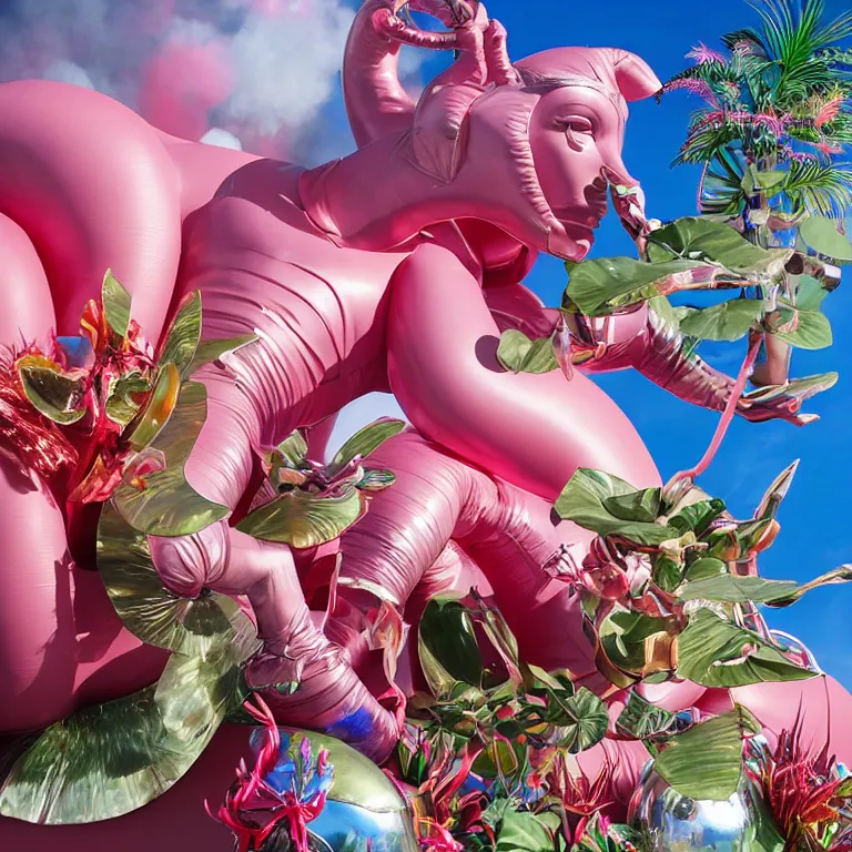 Image similar to an extreme close - up of a statue chrome cyborg lycra nymph battling a giant inflatable flamingo pool float, christmas cactus arnold schwarzenegger and monstera plants, fireworks thick smoke epic clouds, by jeff koons, hajime soryama, boris vallejo, artgerm, greg rutkowski, alphonse mucha