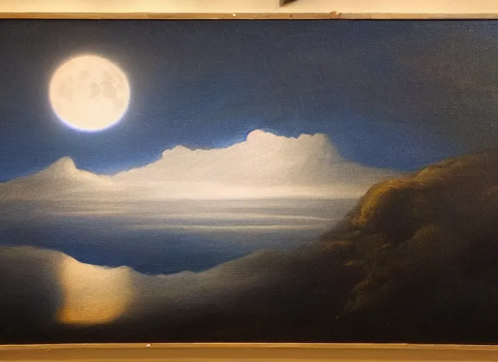 Image similar to the moon's sea of tranquility, earth in the background in the style of hudson river school of art, oil on canvas